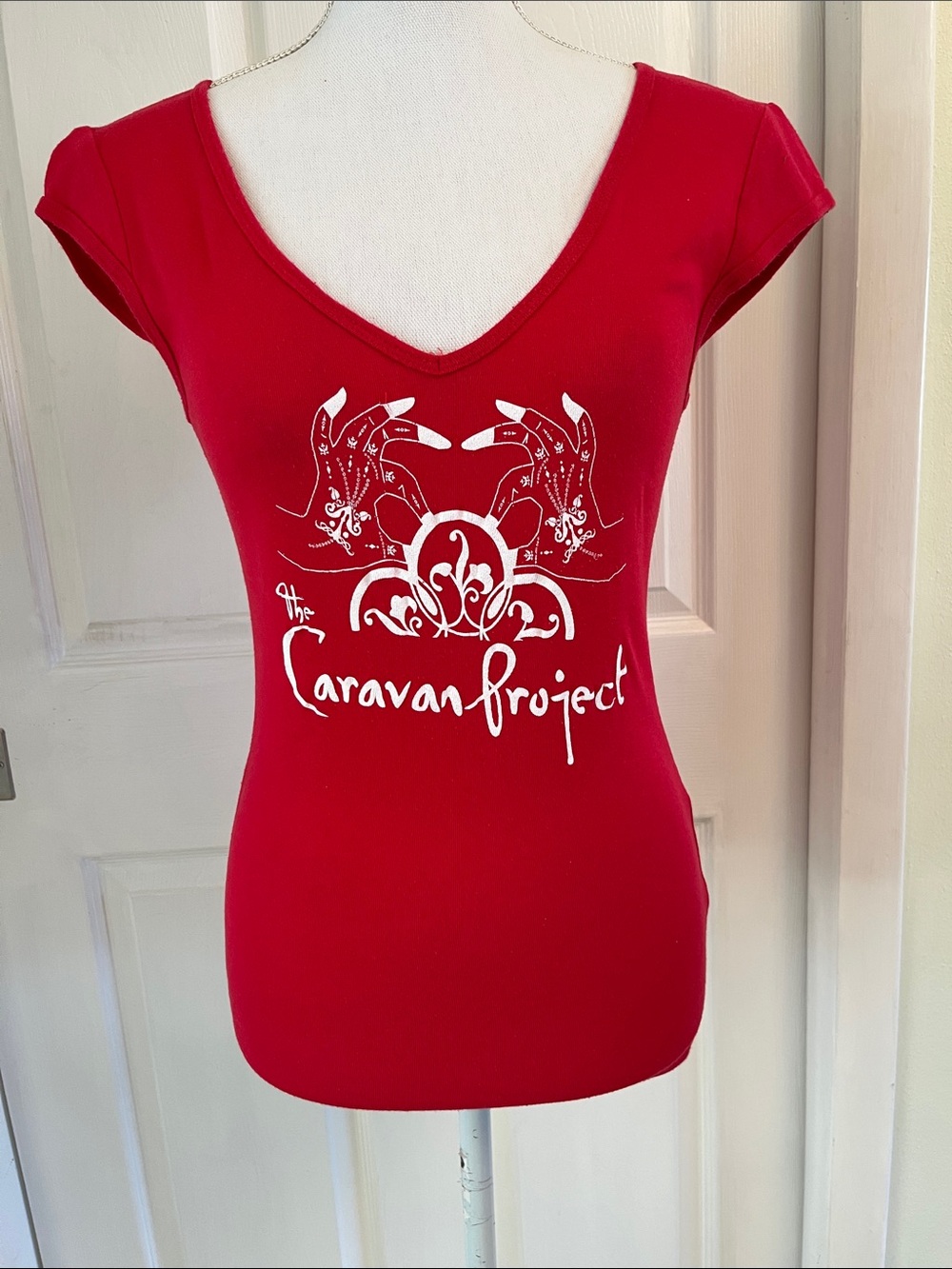 Red V-Neck Graphic Tee with White Print Gypsy Caravan Tribal Bellydance